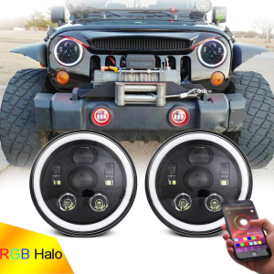 RGB Halo LED Headlight 7 inci untuk Jeep Wrangler JK JL Multi Fungsi RGB Headlamp